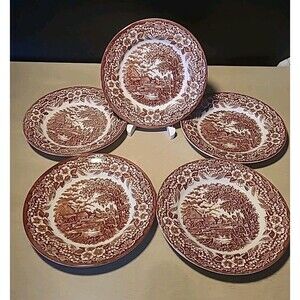 Set 5 Broadhurst Staffordshire Ironstone Transferware Brown Salad Plate 8"